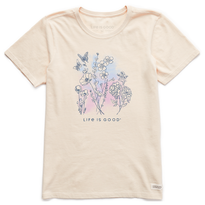 Life is Good. Women's Pen And Ink Flowers SS Crusher Tee, Putty White