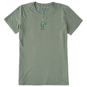 Life is Good. Women's Quirky Frog With Wine SS Crusher Tee, Moss Green