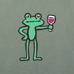 Life is Good. Women's Quirky Frog With Wine SS Crusher Tee, Moss Green