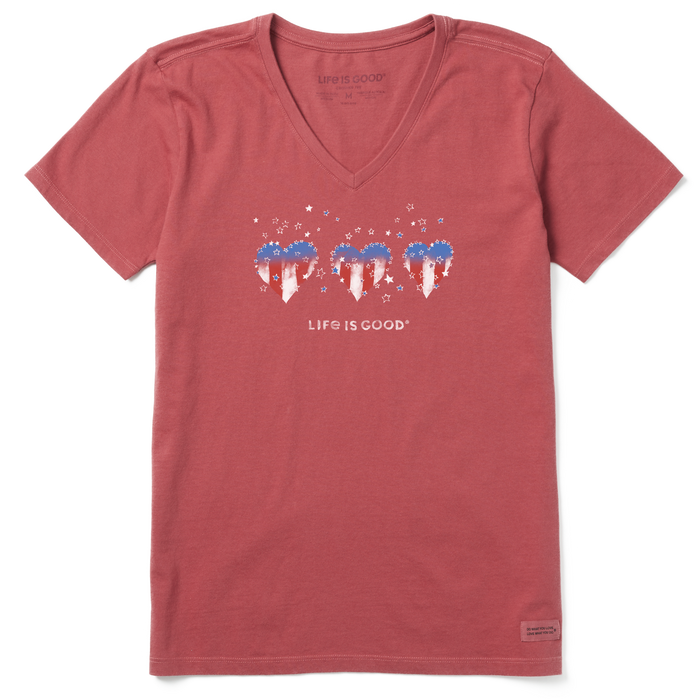 Life is Good. Women's Americana Hearts Stars & Stripes Crusher Vee, Faded Red