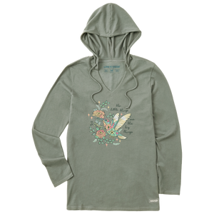 Life is Good. Women's Little Thing Hummingbird LS Crusher Hooded Tee, Moss Green