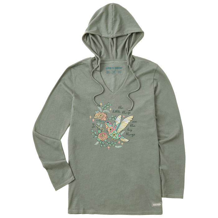 Life is Good. Women's Little Thing Hummingbird LS Crusher Hooded Tee, Moss Green