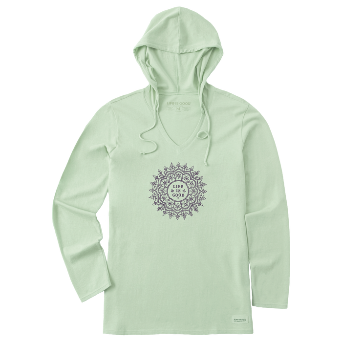 Life is Good. Women's Antique Woodcut LS Crusher Hooded Tee, Sage Green