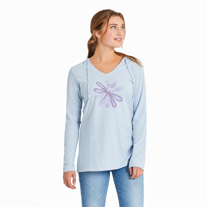 Life is Good. Women's Inkbrush Nature LS Crusher Hooded Tee, Glacier Blue