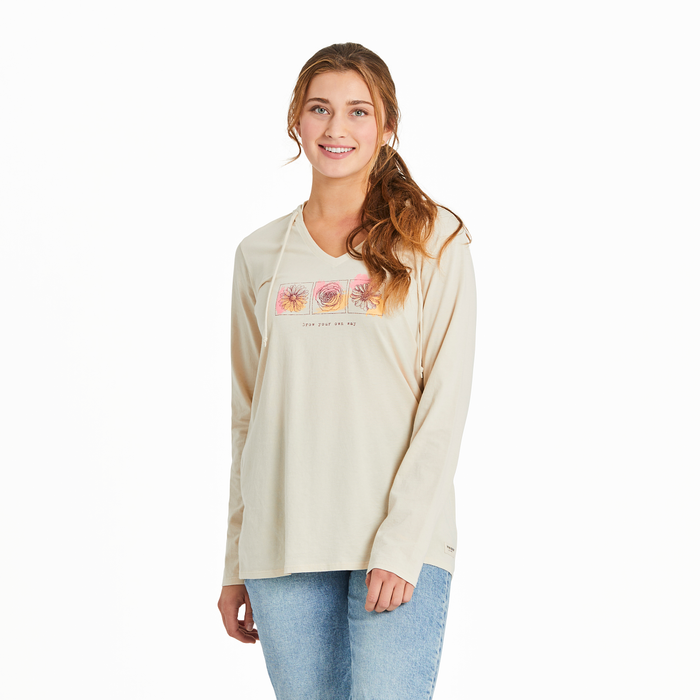 Life is Good. Women's Fineline Grow Your Own Way LS Crusher Hooded Tee, Putty White