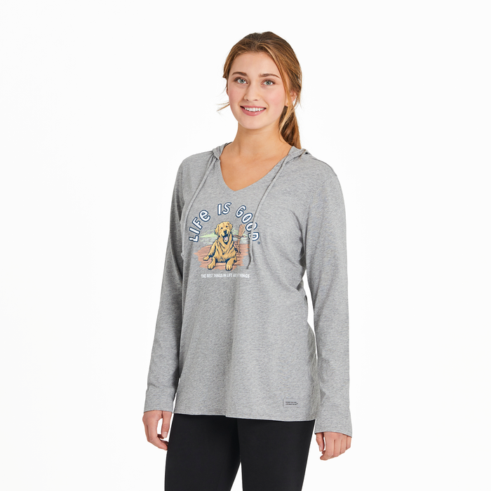 Life is Good. Women's Fineline Best Things LS Crusher Hooded Tee, Heather Gray