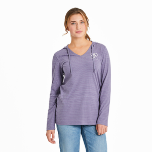 Life is Good. Women's Pet Paw Heart LS Striped Hooded Tee, Dusk Purple