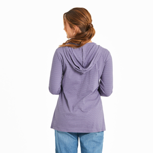 Life is Good. Women's Pet Paw Heart LS Striped Hooded Tee, Dusk Purple