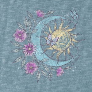 Life is Good. Women's Dreamy Floral Butterfly Celestial Textured Slub Tank, Smoky Blue