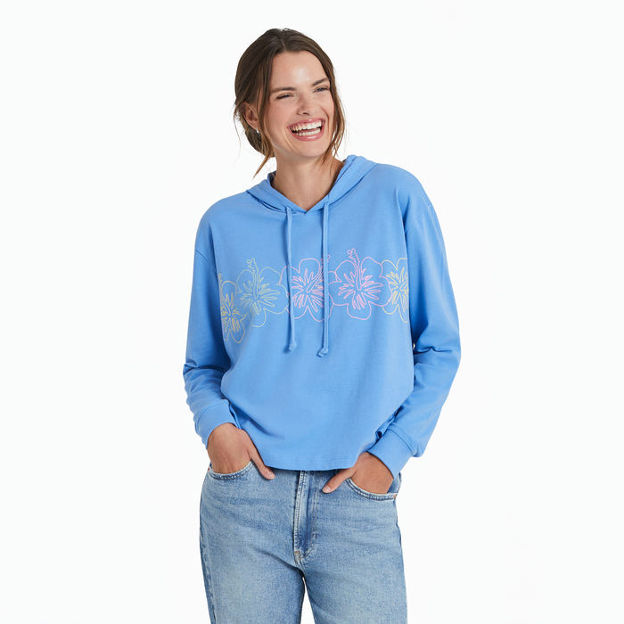 Life is Good Women's Hibiscus Line Row Crusher Boxy Hoodie, Cornflower Blue