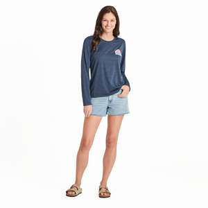 Life is Good. Women's Groovy Sun & Waves LS Sun Crusher Tee, Darkest Blue