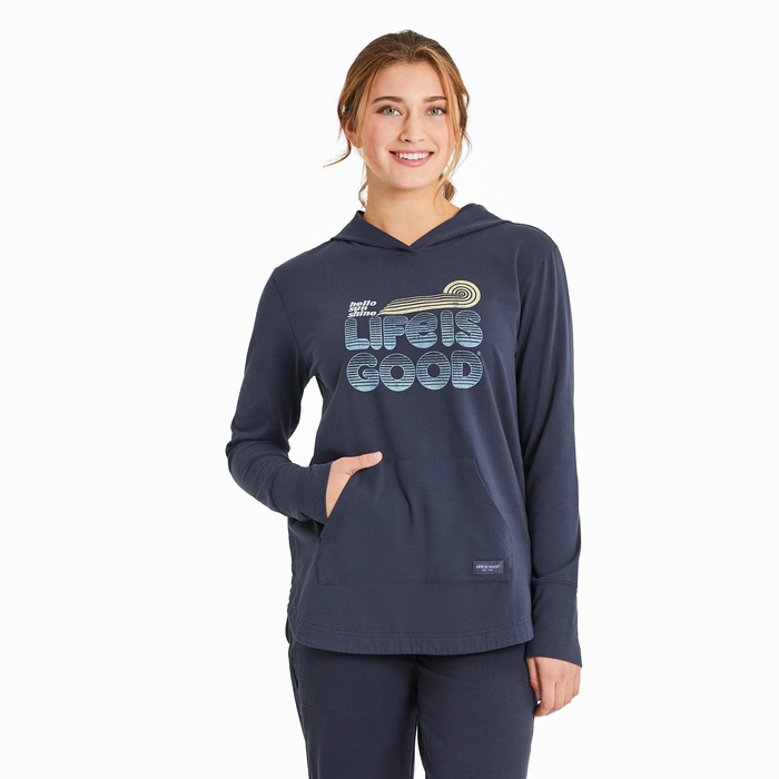 Life is Good Women's Groovy Hello Sun Crusher-FLEX Hoodie Tunic, Inkwell Blue