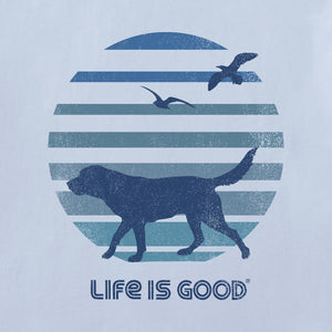 Life is Good. Men's 70's Retro Dog Beach Walk SS Crusher Tee, Glacier Blue