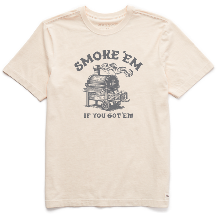 Life is Good. Men's Woodcut Smoke'EM SS Crusher-LITE Tee, Putty White