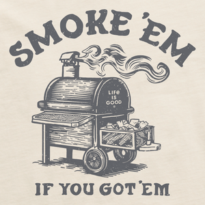 Life is Good. Men's Woodcut Smoke'EM SS Crusher-LITE Tee, Putty White