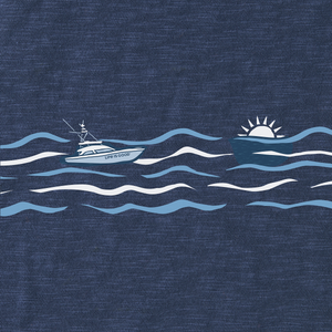 Life Is Good. Men's Woodcut Boat Ride Textured Slub Tee, Darkest Blue