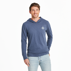 Life is Good. Men's Tribal Compass Textured Slub Hoodie, Darkest Blue