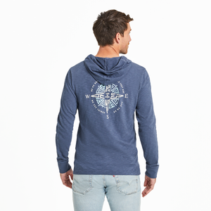 Life is Good. Men's Tribal Compass Textured Slub Hoodie, Darkest Blue