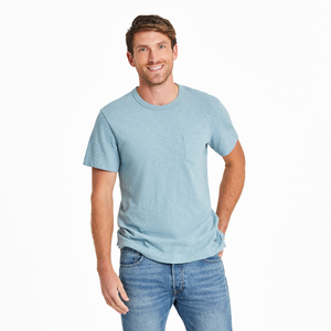 Life Is Good. Men's Solid Textured Slub Pocket Tee, Smoky Blue