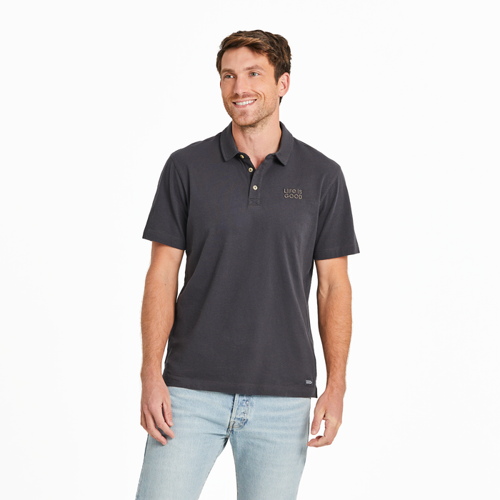 Life is Good. Men's LIG Wordmark Stacked SS Crusher Polos, Faded Black