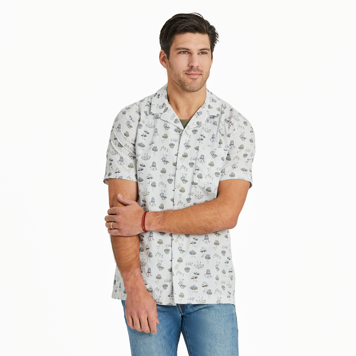 Life is Good. Men's Mushroom Pattern Camp Shirt, Fog Gray