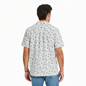 Life is Good. Men's Mushroom Pattern Camp Shirt, Fog Gray