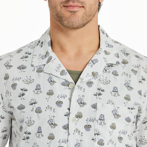 Life is Good. Men's Mushroom Pattern Camp Shirt, Fog Gray