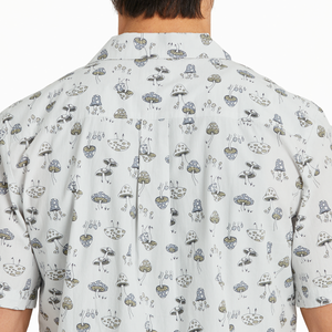 Life is Good. Men's Mushroom Pattern Camp Shirt, Fog Gray