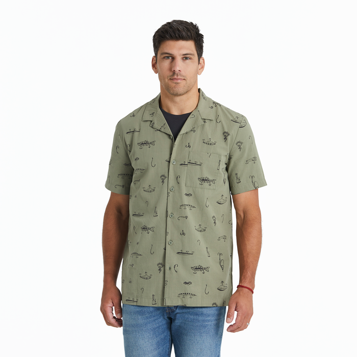 Life is Good. Men's Fish Tackle Box SS Woven Camp Shirt, Moss Green