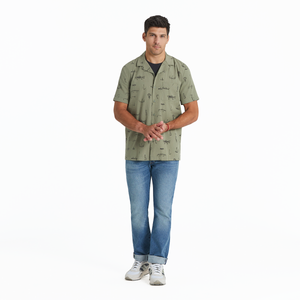 Life is Good. Men's Fish Tackle Box SS Woven Camp Shirt, Moss Green
