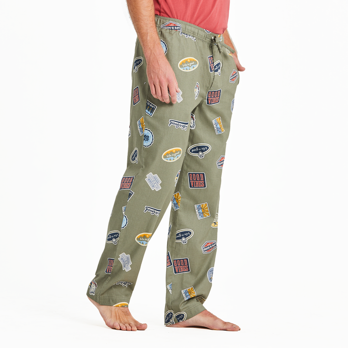 Life is Good. Men's Sticker Collage Pattern Classic Sleep Pant, Moss Green