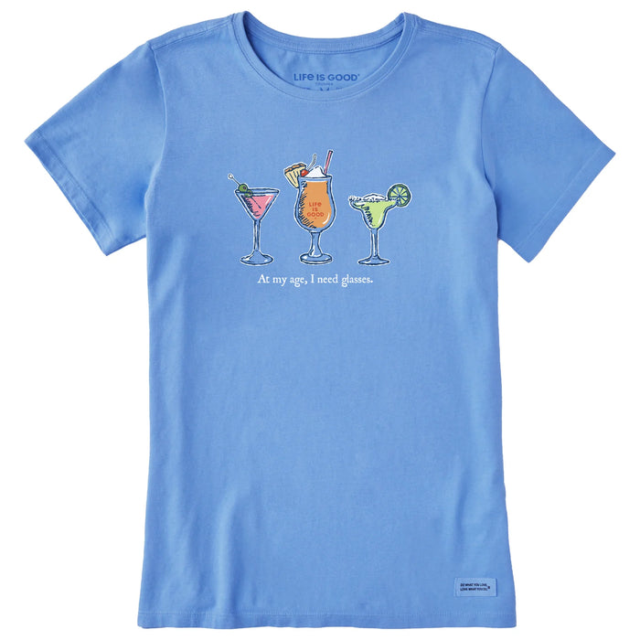 Life is Good. Women's I Need Glasses Cocktails Short Sleeve Crusher-LITE Tee, Cornflower Blue