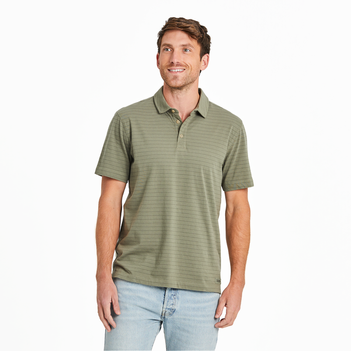 Life is Good. Men's Solid SS Striped Crusher-Lite Polos, Moss Green