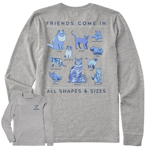 Life is Good. Women's Realaxed Cat Friends Shapes & Sizes Long Sleeve Crusher Tee, Heather Gray