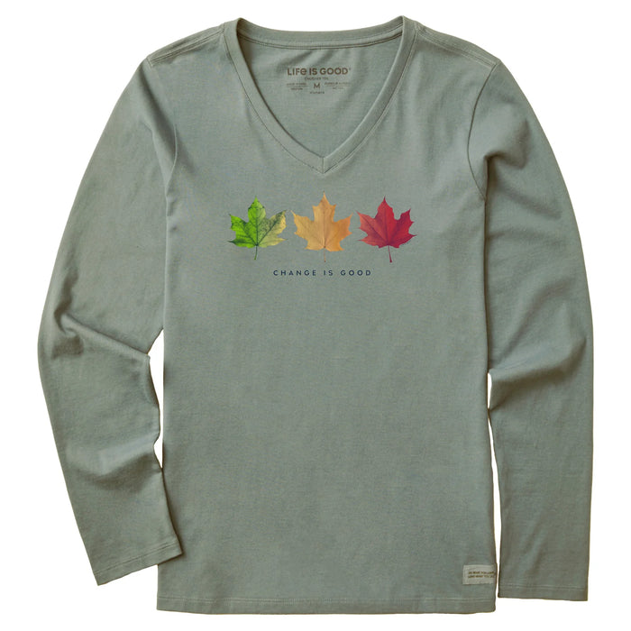 Life is Good. Women's Change is Good 3 Leaves Long Sleeve Crusher Vee, Moss Green