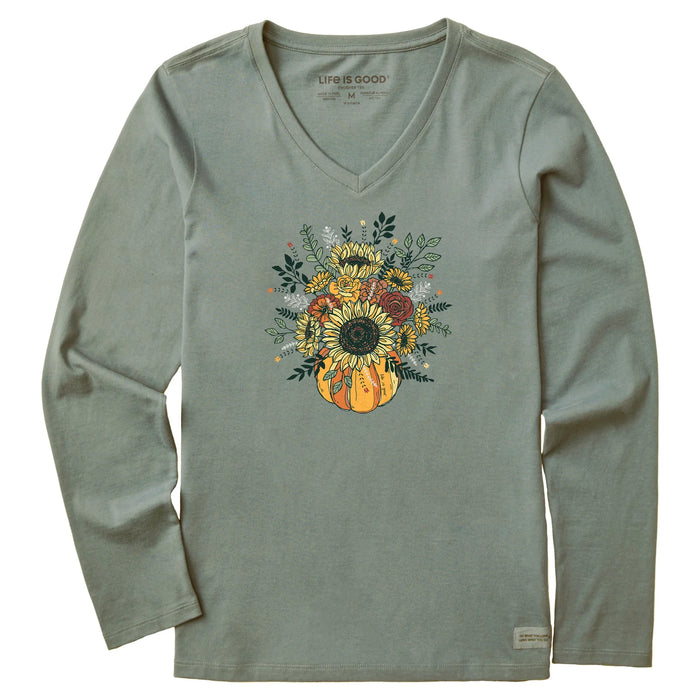 Life is Good. Women's Fall Pumpkin Flowers Long Sleeve Crusher Vee, Moss Green