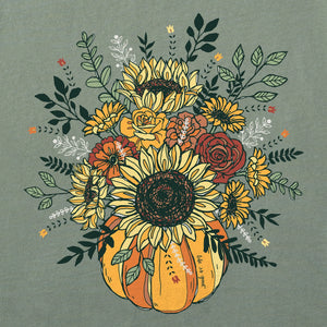 Life is Good. Women's Fall Pumpkin Flowers Long Sleeve Crusher Vee, Moss Green