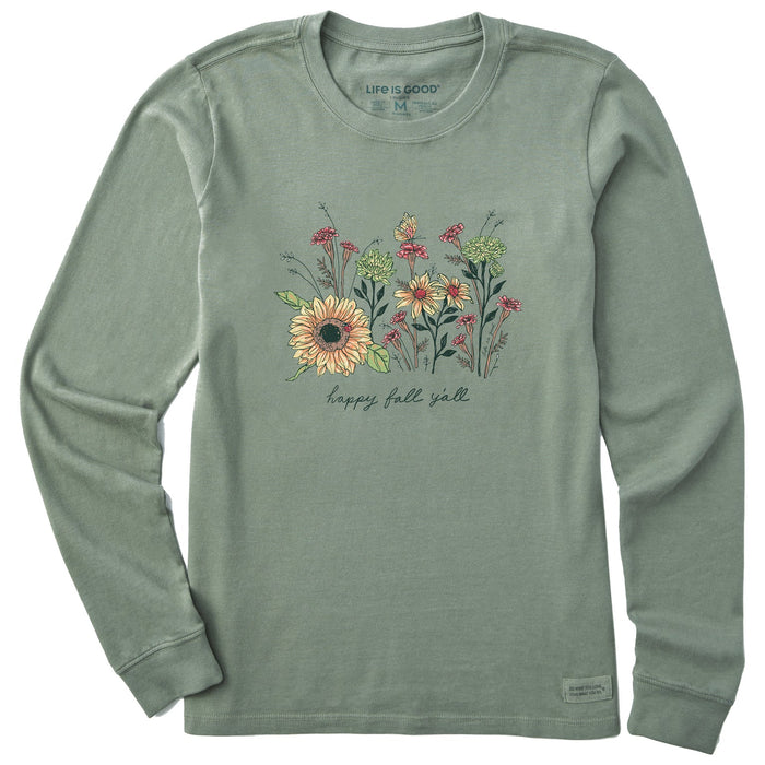 Life is Good. Women's Happy Fall Flowers Long Sleeve Crusher Tee, Moss Green
