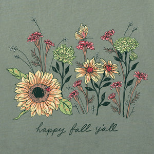 Life is Good. Women's Happy Fall Flowers Long Sleeve Crusher Tee, Moss Green