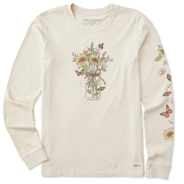 Life is Good. Women's Sunflower Monarch Jar Long Sleeve Crusher Tee, Putty White