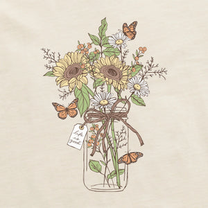 Life is Good. Women's Sunflower Monarch Jar Long Sleeve Crusher Tee, Putty White