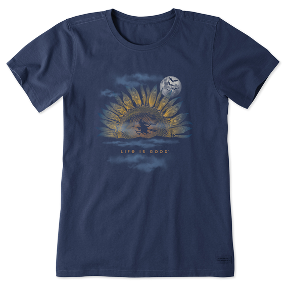 Life is Good. Women's Spooky Sunflower Moon SS Crusher Tee, Darkest Blue