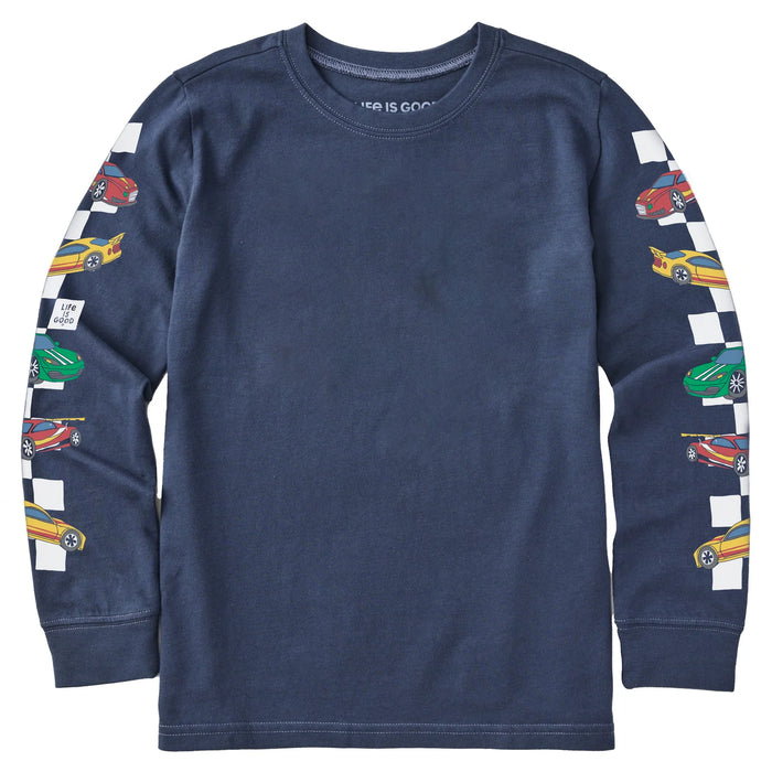 Life Is Good. Kids Race Cars Long Sleeve Crusher Tee, Darkest Blue