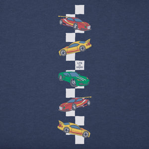 Life Is Good. Kids Race Cars Long Sleeve Crusher Tee, Darkest Blue