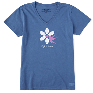 Life is Good. Women's Hummingbird Flower Crusher Vee, Vintage Blue