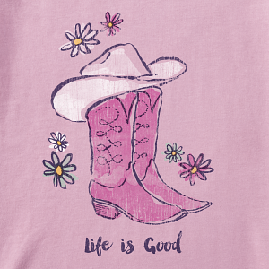 Life is Good. Women's Floral Cowboy Boot Crusher Tee, Violet Purple