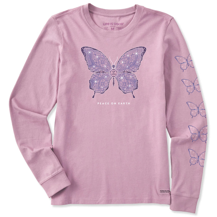 Life is Good. Women's Twinkling Icy Butterfly Long Sleeve Crusher Tee, Violet Purple