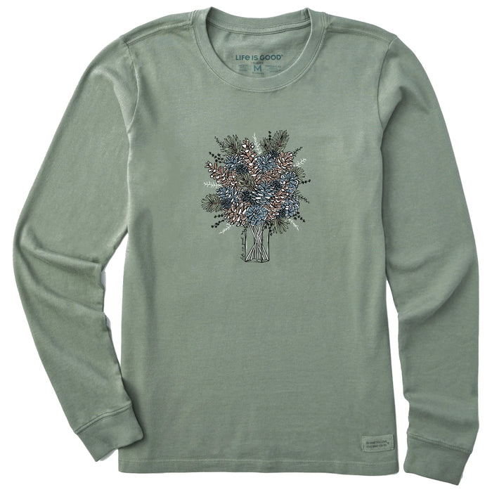 Life is Good. Women's Pinecone Bouquet Long Sleeve Crusher Tee, Moss Green