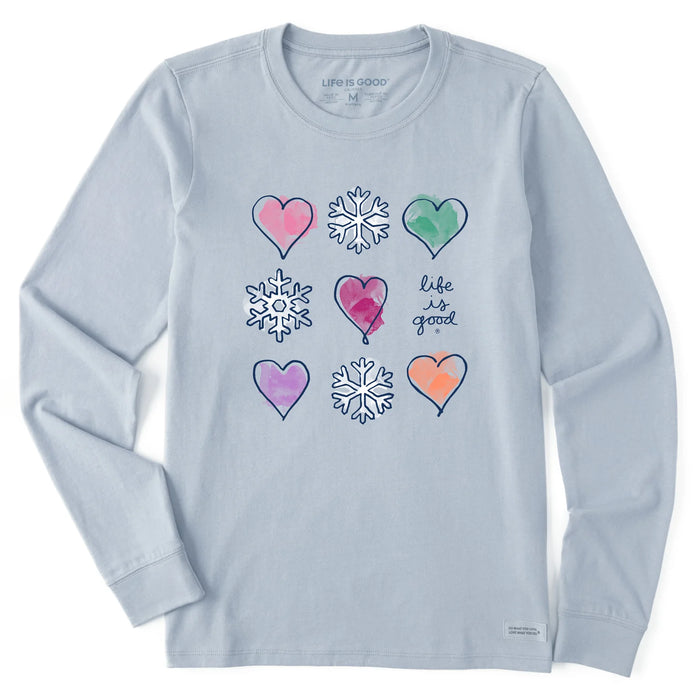 Life is Good. Women's Snowflakes & Hearts Long Sleeve Crusher Tee, Glacier Blue