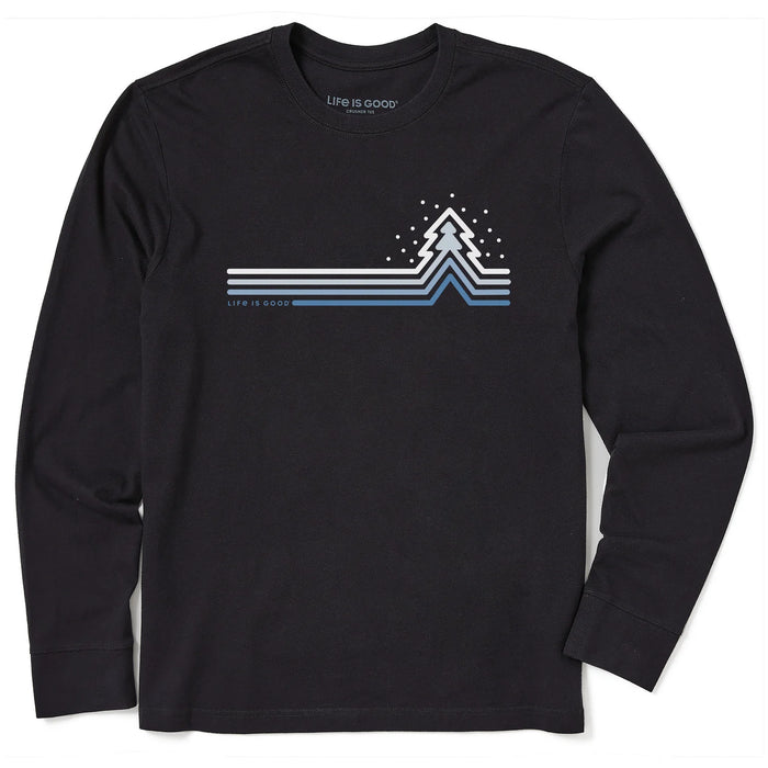 Life is Good. Men's Cool Tree Stripes with Snow Long Sleeve Crusher Tee, Faded Black